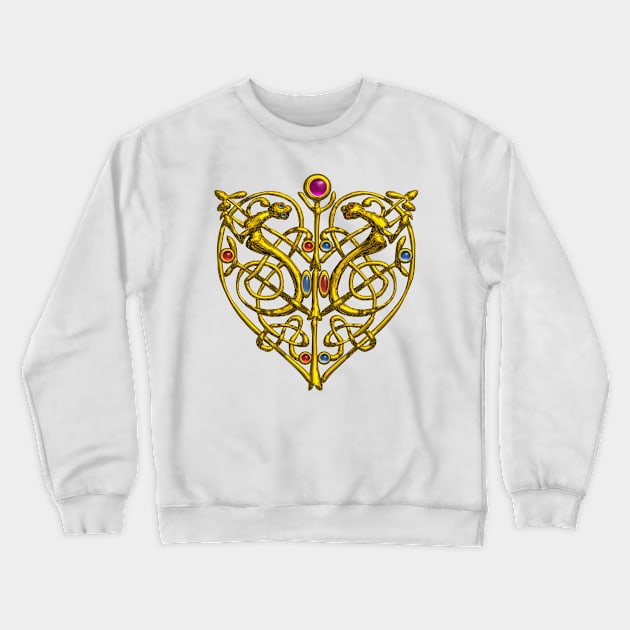 HYPER VALENTINE / GOLD CELTIC KNOT HEART WITH LIZARDS IN WHITE Crewneck Sweatshirt by BulganLumini